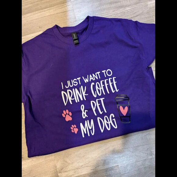 Womens Large Graphic Tshirt, Purple "I Just Want To Drink Coffee and Pet My Dog - Picture 3 of 3